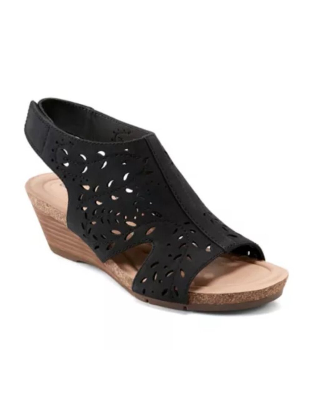 Earth Halin Comfort Wedge Sandals Black Floral Cutout - 10M